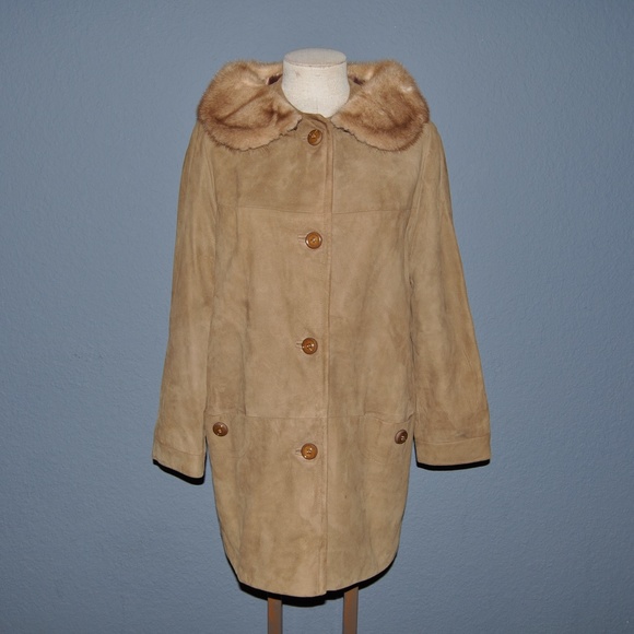 MID CENTURY Fur Collar Leather Car Coat Jacket M/L - Picture 7 of 7